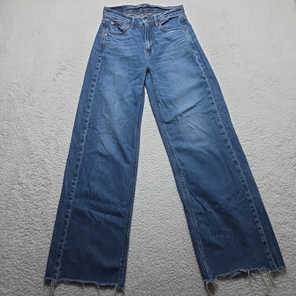 American Eagle Super High-Rise Baggy Wide-Leg Frayed Denim Dark Blue Size 00